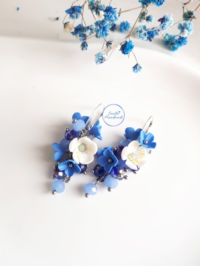 Mėlyni gėlių auskarai